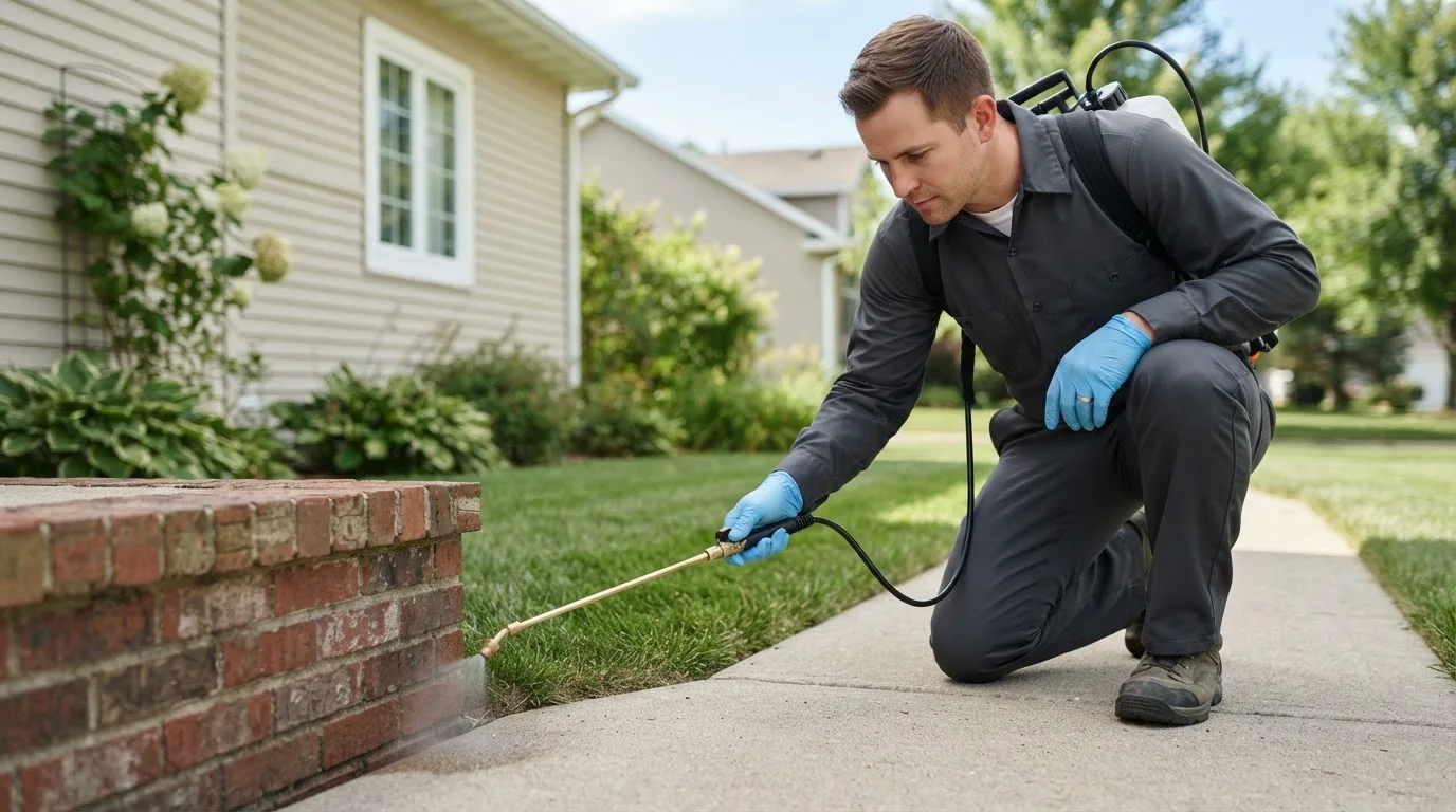 Pest control technician treating a home near Dovray, MN